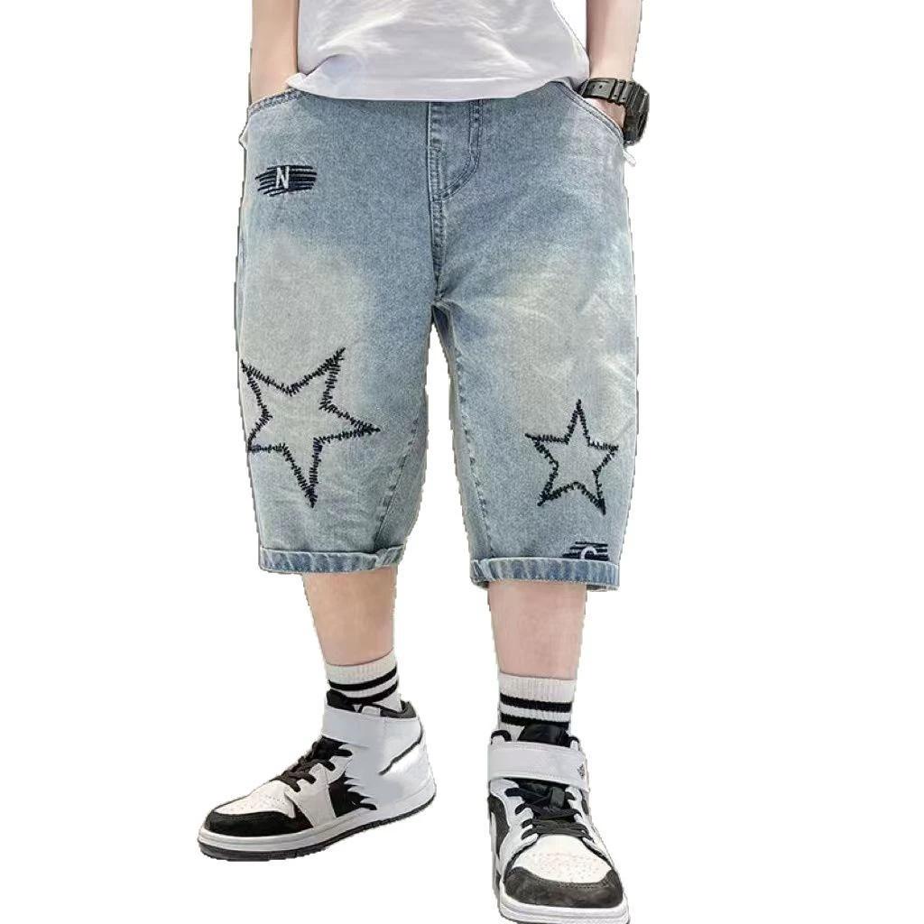Boys Straight Denim Shorts Summer Children Casual Wide-leg Knee Length Pants Teenage Jean Short Trousers Kids Clothing 5-14 Year