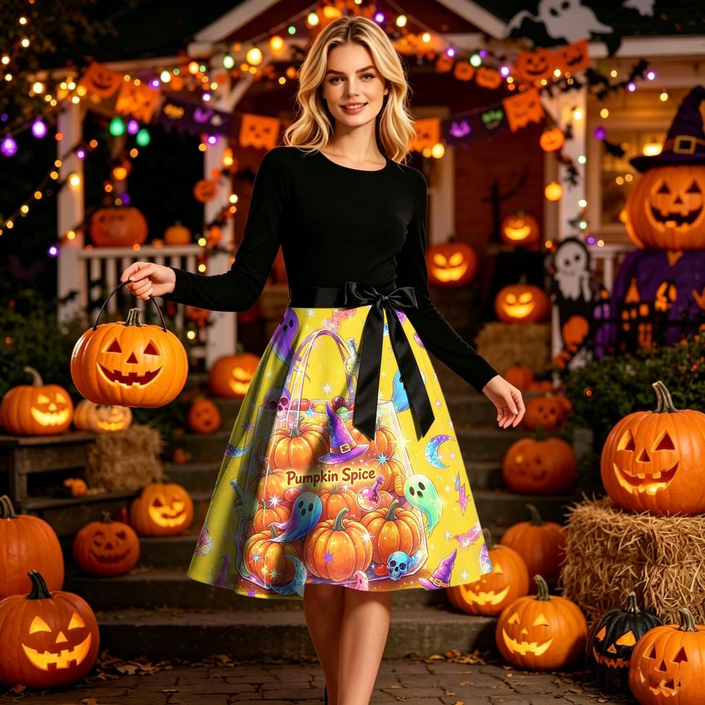 Womens Halloween Dress Long Sleeve Round Neck Casual Dress with Printed Pumpkin and Ghost Pattern Vintage Style Midi Dress with Waist Tie