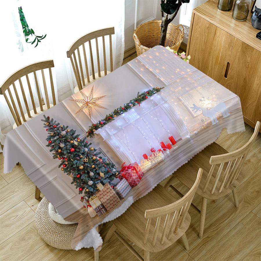 Thicken Cotton Christmas Tablecloth 3d Light Tree Christmas Stockings Fireplace Pattern Rectangular Round Table Cloth