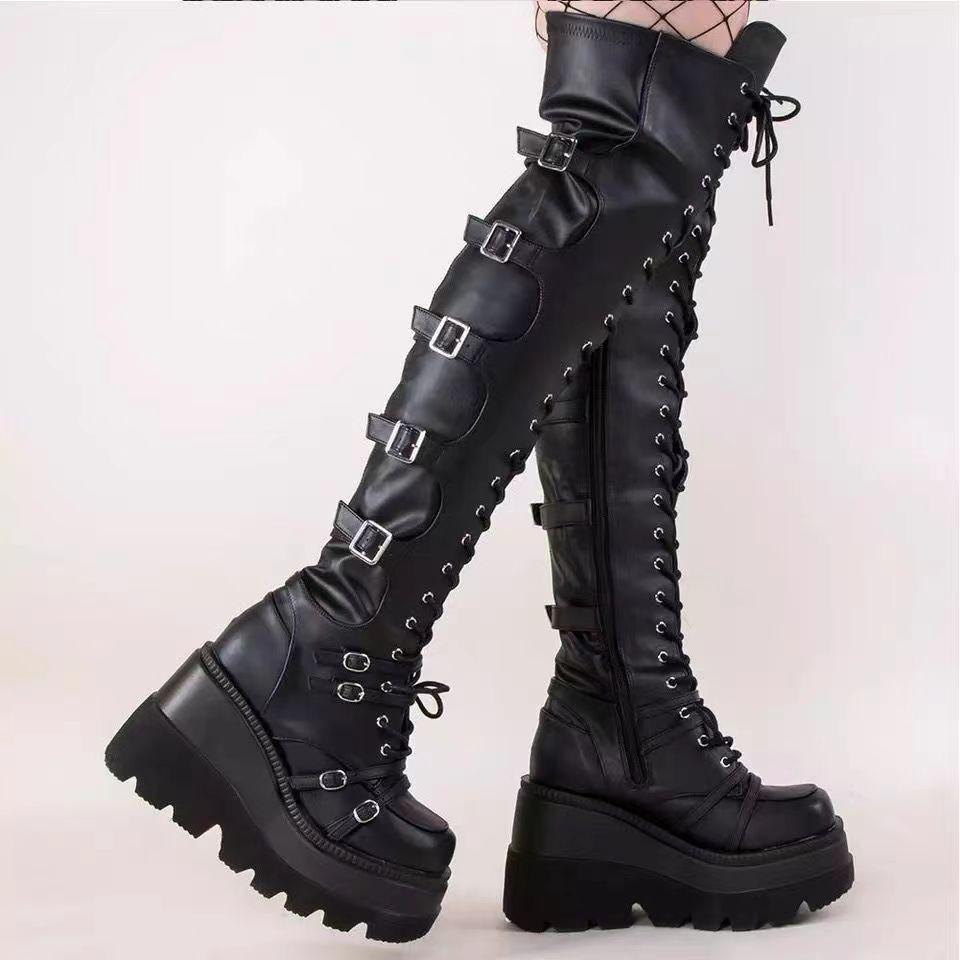Plus Size Women's Over-the-Knee Soft Leather Wedge Heel Boots for Spring/Autumn 2023 - Hot-Selling European and American Knight Style.