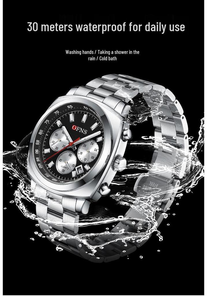OFNS Men's Multi-Function Waterproof Quartz Watch - Business Edition with Calendar and Six-Hand Chronograph.