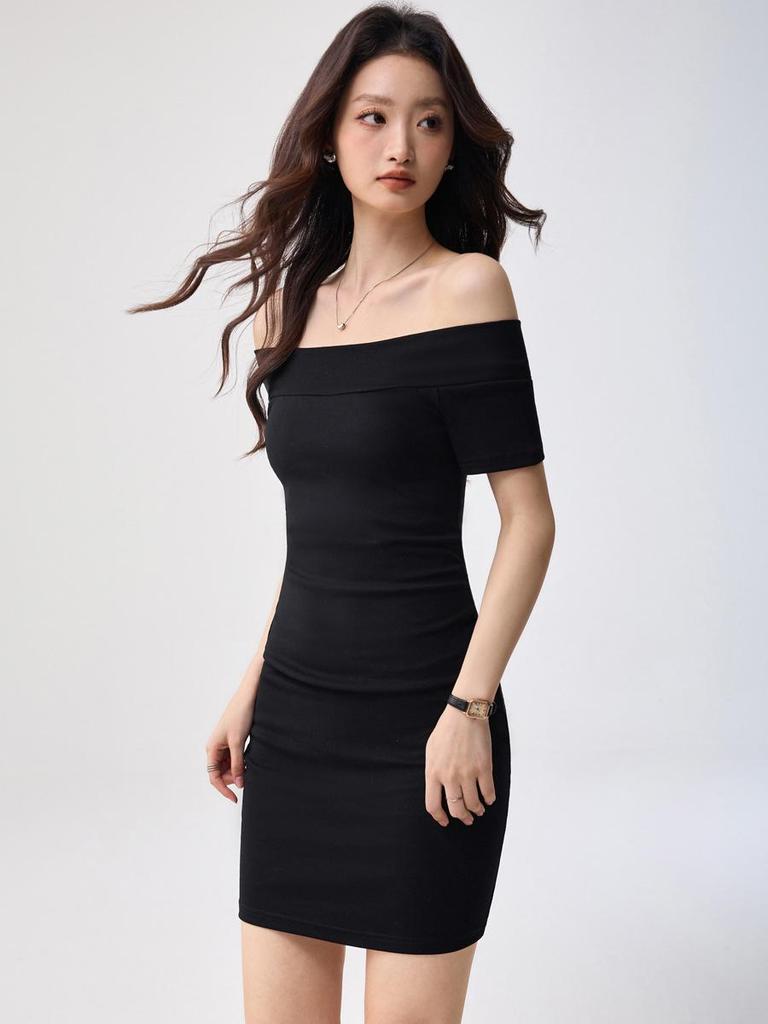 Combed Cotton One-Shoulder Summer Dress - Women's Sexy Slim Fit, Waist-Cinched, Hip-Hugging Short Style