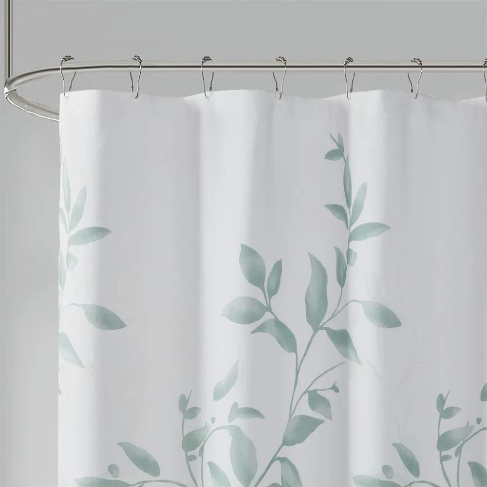 Elegant Green Leaf Shower Curtain for a Serene Bathroom, Featuring Delicate Branches and Leaves On a Soft White Background