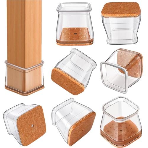 Square Chair Leg Covers, Silicone, Scratch-Resistant, Sound-Dampening, Felt Pads for Easy Movement, Clear, Pack of 8 (M)