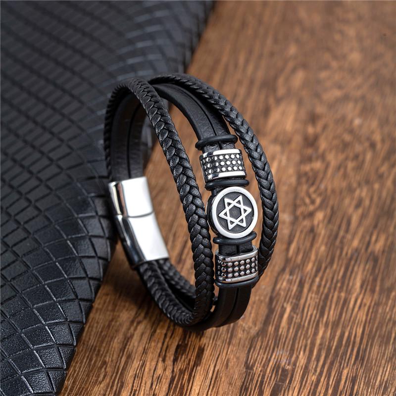 Star of David Men's Stainless Steel Vintage Nordic Hexagonal Star Punk Jewelry Hexagonal Amulet Leather Bracelet