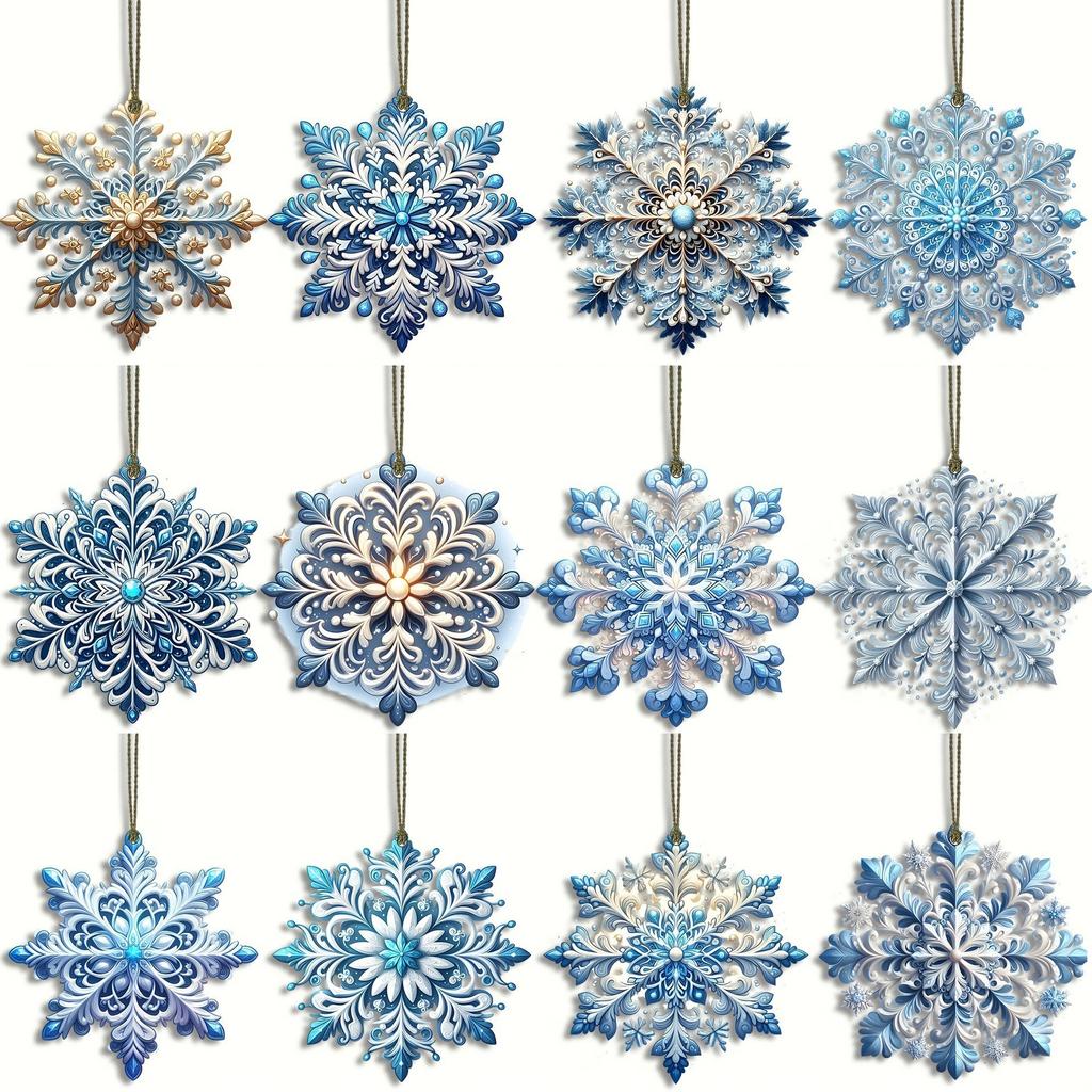 Blue Snowflake Wooden Ornaments Double-sided- Nordic Christmas Tree Decor & Cabinet Hanging for Holiday Home Party