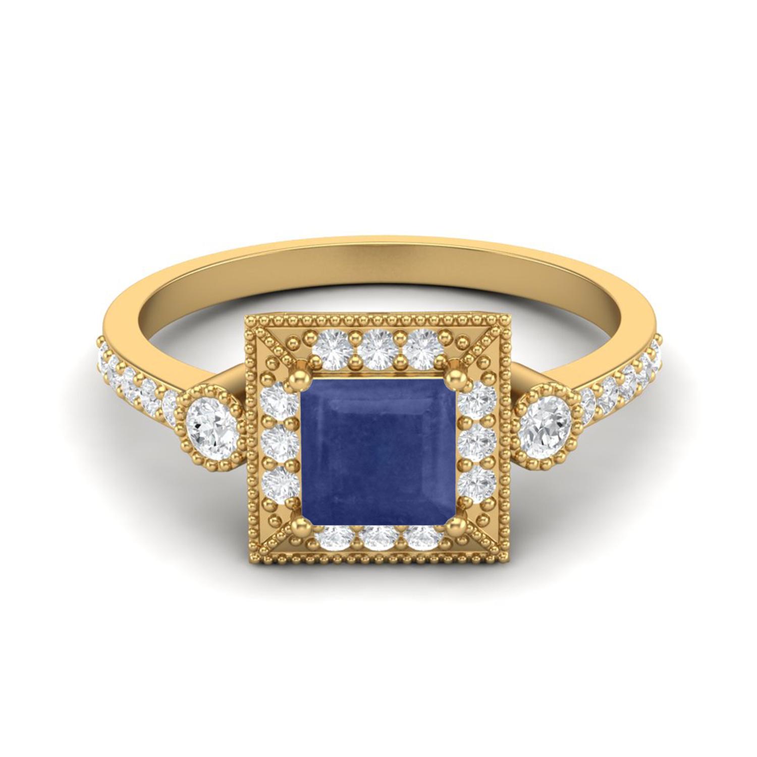 1.27 Cts Blue Sapphire Square Solitaire Accent 925 Sterling Silver Gold Vermeil Women Wedding Rings