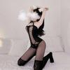 Open Crotch Jacquard Fishnet Bodysuit Set with Tearable Stockings