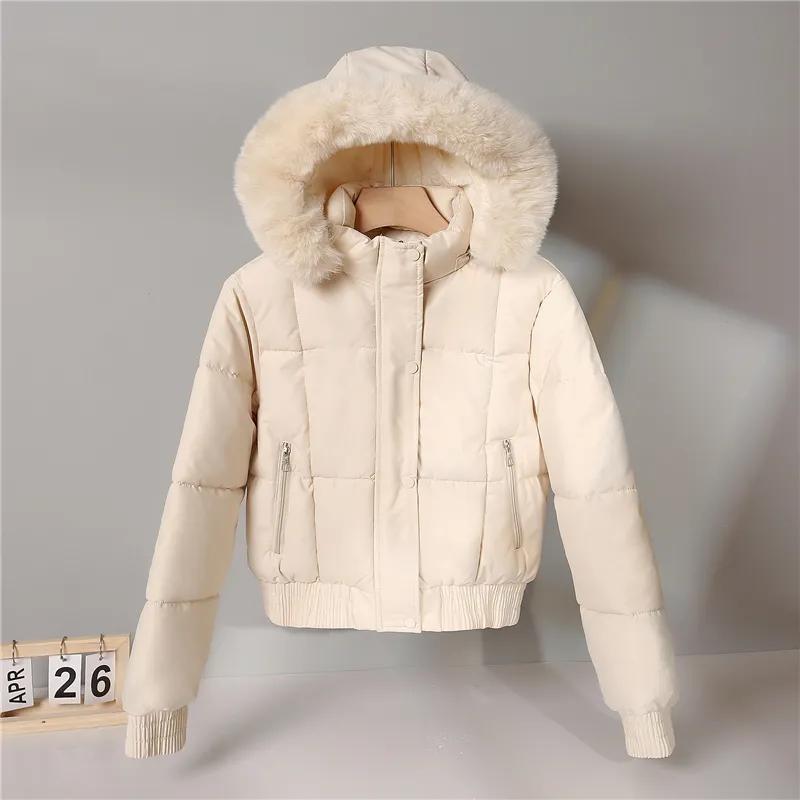Women's Winter Short Parkas Clothes Add Velvet Thicken Outerwear Fur Collar Removable Hooded Coats Warm Jackets