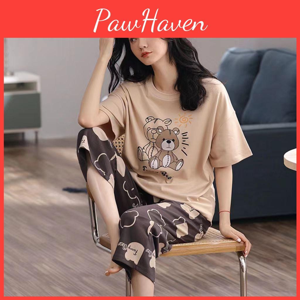 2 Pyjamas Piece For Set Womens Shortsleeved Cropped Pants Loungewear Thin Cartoon Bear Oneck Sleepwear Girl Nightwear