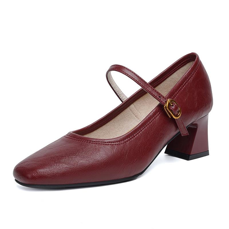 Women High Heels New French Style Retro Buckle Strap Comfortable Soft Square Toe Pumps Daily Simple Versatile Chunky Heel Shoes