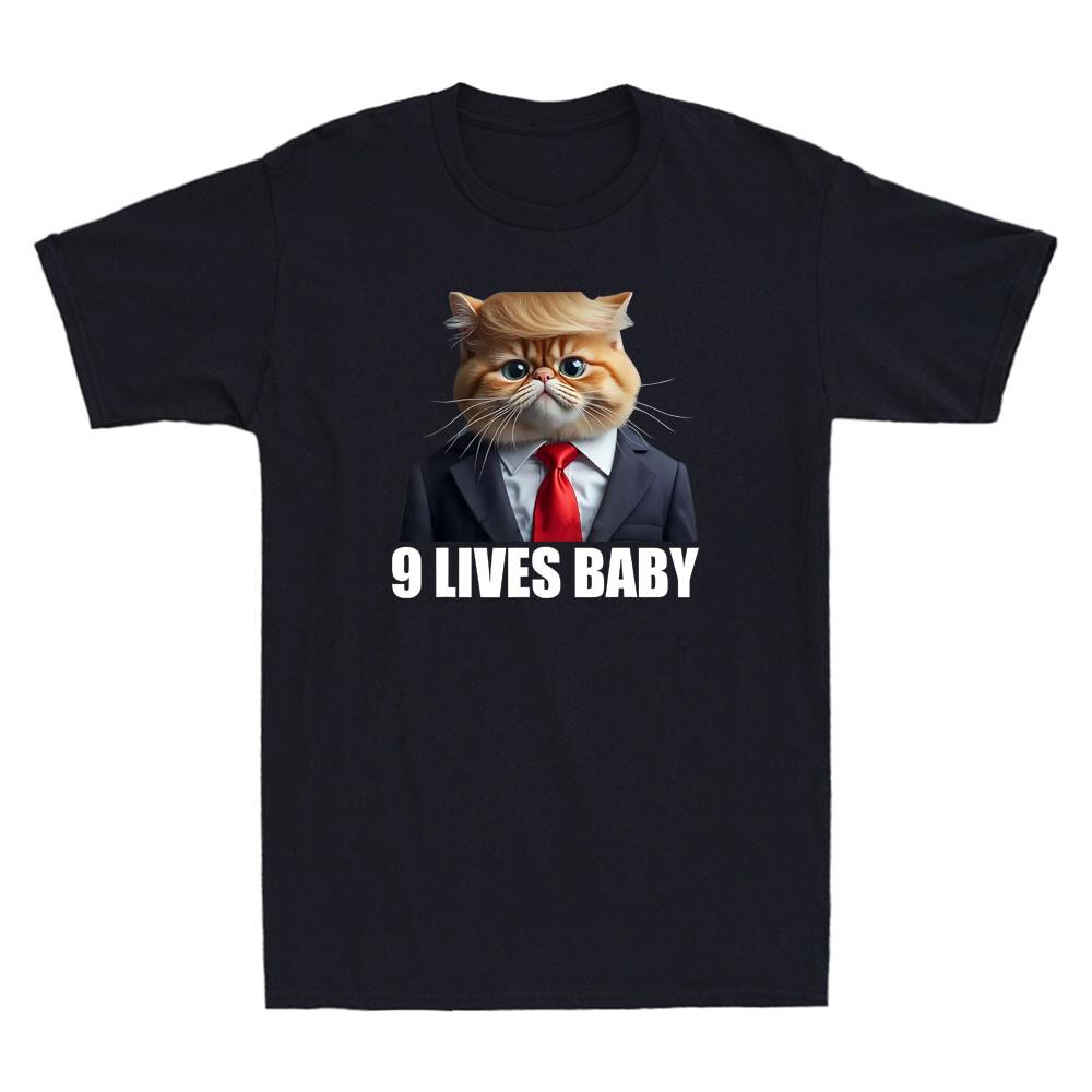 9 Lives Baby Funny Cat President Graphic Humor Quote Men Short Sleeve T-shirt M