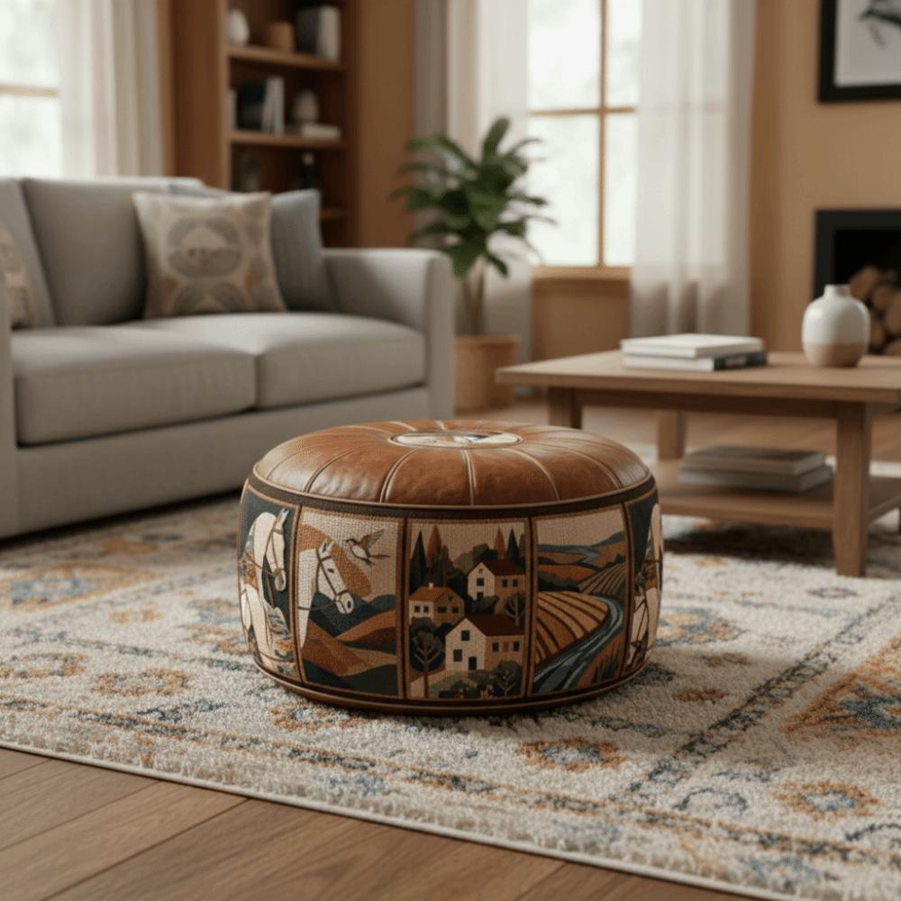 Unfilled Oil Painting Pattern Stool Cover PU Leather Floor Seat Cushion Home Decor