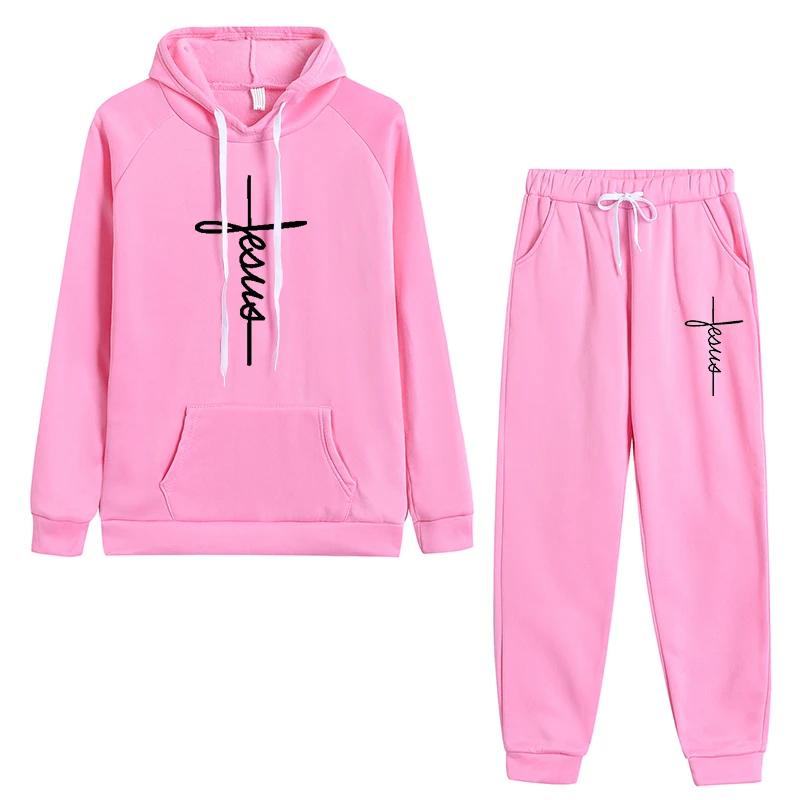 Frühling und Herbst Damen Print Conjunto Moletom Feminino Fleece Sportbekleidung Langärmliger Kapuzenpullover mit Taschen Anzug