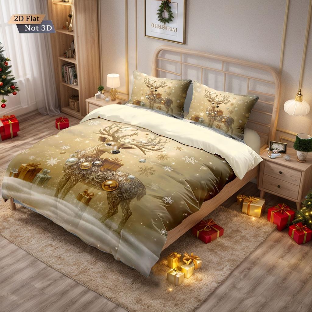 3pcs Christmas Gold Deer Print Coreless Duvet Set Multi Size Bedroom Bedding Holiday Decoration Soft Machine Washable