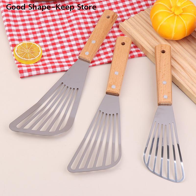 Stainless Steel Slotted Turner Fish Frying Shovel High-temperature Frying Shovel With Wooden Handle Fan-shaped Shovel Household