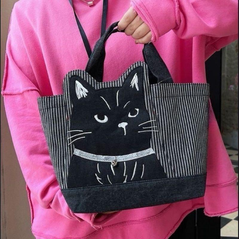 JIAERDI Japanese Embroidered Cartoon Black Cat Handbag Women Cute Stripe Large Capacity Shoulder Bag Ladies Casual Tote Bag 2025