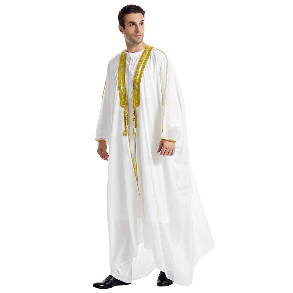 Men's Embroidered Chiffon Robe, TH834 - Long-Sleeved Arabic Tassel Design with Gold Beads