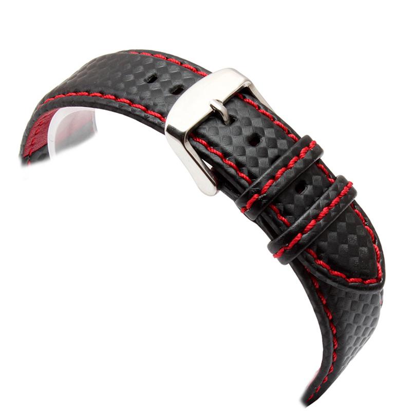 18mm 20mm 22mm 24mm Schwarz Rot Orange Naht Kohlefaser Leder Uhrenarmband mit Stahlschließe Armband Sportuhrarmband