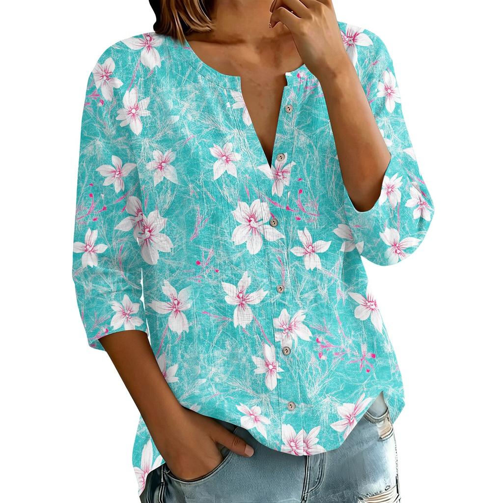 Women Floral Print Button Front Henley Shirt Three Quarter Sleeve Lightweight Linen Cotton Blend Blouse Casual Top