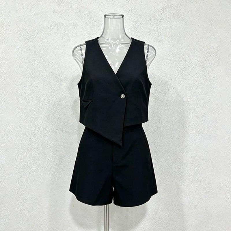 

Casual Simple Style Suit Sleeveless Collar One-button Vest Top + Solid Color Straight Shorts M чёрный