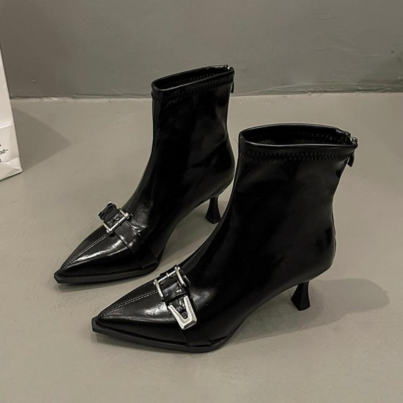 

Зимние Новые Хлопковые Ботильоны на Тонком Каблуке Женские Остроносые Металлическая Пряжка Задняя Молния Противоскользящие Износостойкие Короткие Ботинки 40 чёрный