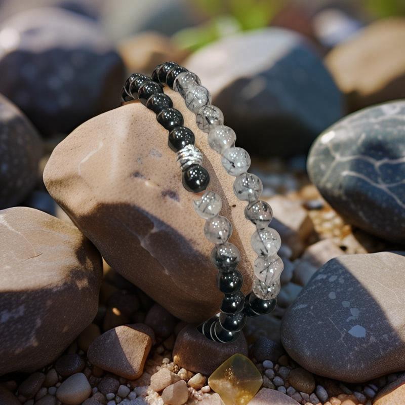 

Small Bead Double-Layer Bracelet, Black Series Bracelet, Natural Black Obsidian and Black Rutilated Quartz Bracelet, Gift for Women, Men, and Couples