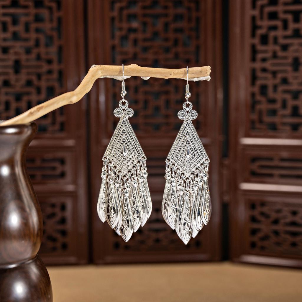 Ethnic style imitation Miao silver earrings, retro long tassel earrings, attractions, ancient style earrings, Miao earrings, women