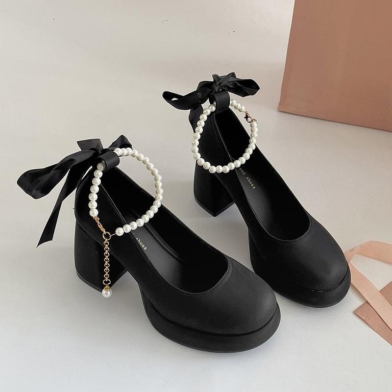 Butterfly-knot Thick Heel Women Mary Jane Shoes Fashion Pearl Ankle Strap Shoes Ladies Outdoor Dress Pumps
