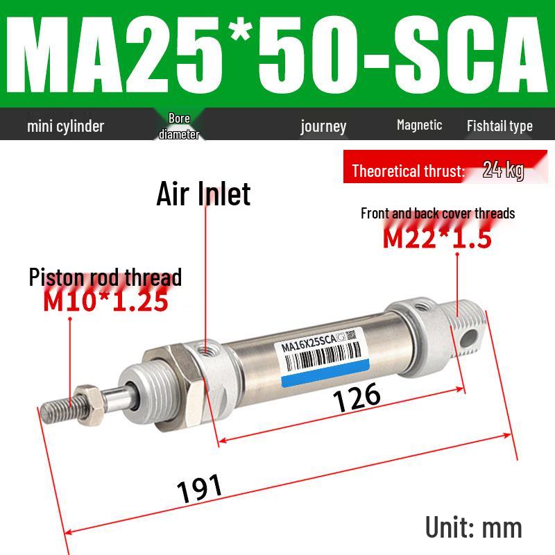 Mini Stainless Steel Pneumatic Cylinder MA Series (16-40mm Bore, 50-200mm Stroke)