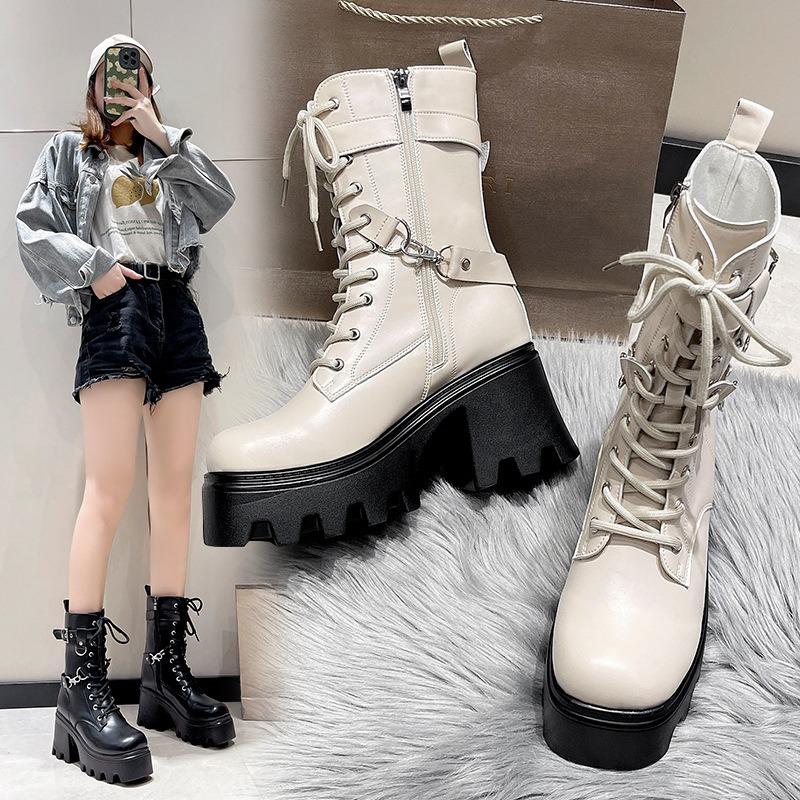 Fashion Large Size 35-42 Women's New Soft Bottom Motorcycle Boots Women Platform Knight Short Boots Lace-up Fad Ankle Boots Botas Mujer