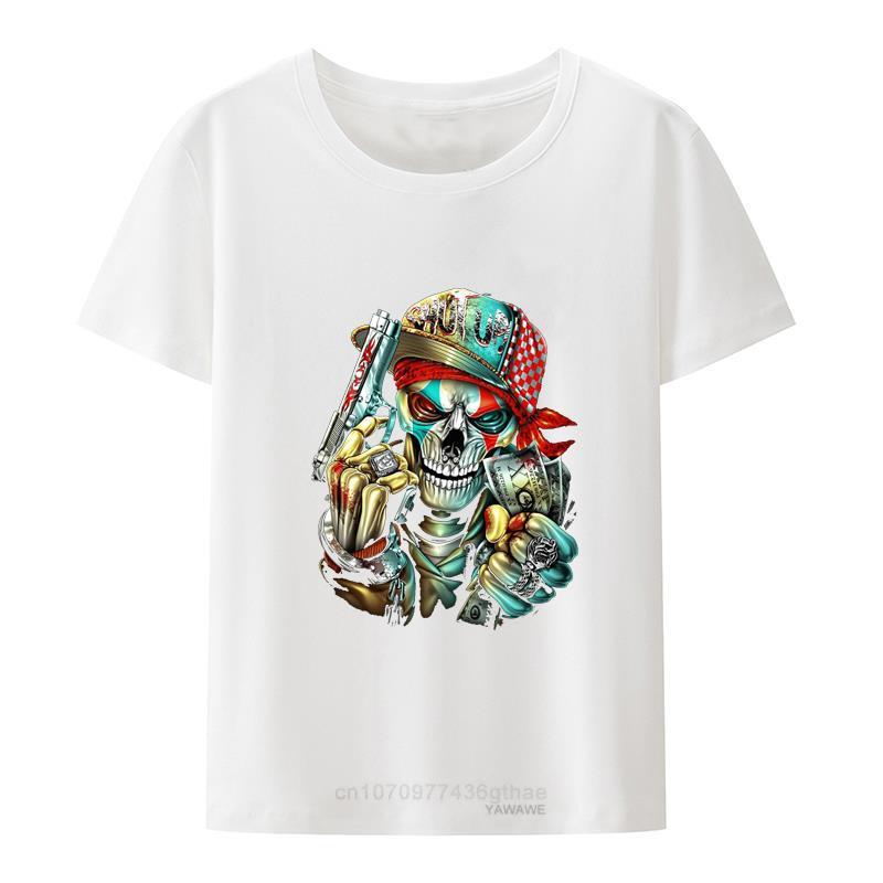 

Personality Skeleton Money and Guns Tshirts Street Fashion Camisetas Novelty Leisure Printed Tshirt Top Blouse Camisa Cool S