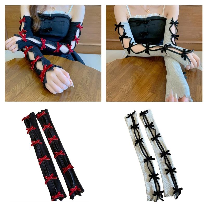 Flocking Bowknot Arm Sleeves for Women Teens Girl Elegant Hollowed Out Decorative Sleeves JK Arm Decors Party Oversleeve