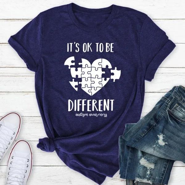 

Быть Другим Пазл из Букв Принт Сердца Женская Футболка с Коротким Рукавом Круглым Вырезом Свободная Летняя Женская Футболка Топы Мухер XXXL темно-синий