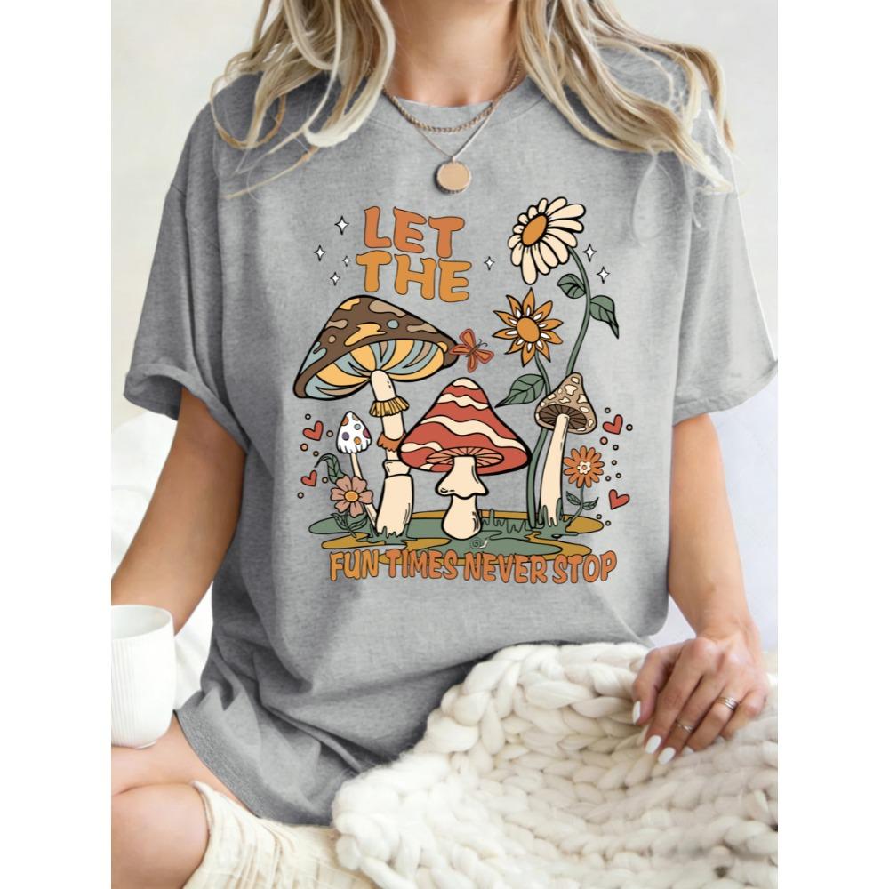 Fun Times Never Stop Mushroom Sunflower Prints Women T Shirts Y2K Soft Short Sleeve Summer T-Shirt Cotton Loose Clothing