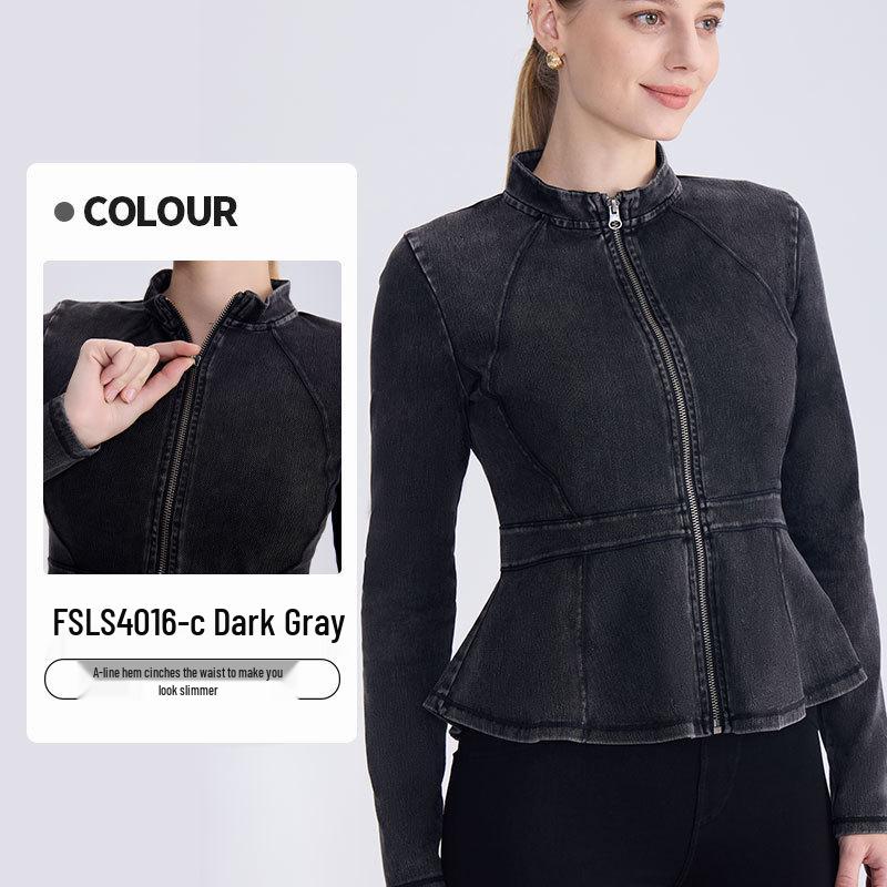 

Spring/Summer Denim Yoga Zip-Up Jacket - High Neck, Slimming A-Line Hem, Long Sleeve Sportswear Top Extra Large темно-серого