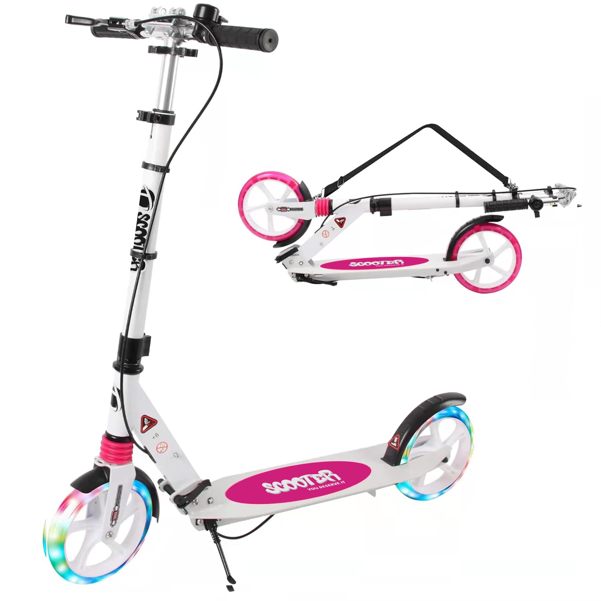 

Folding Kick Scooter for Kids and with LED Handlebar Aluminum Perfect Gift for New and School Entrance Perfect for and White Adults, Light-Up Tires,