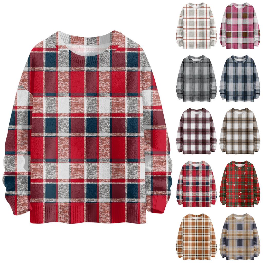 Women's Fashionable Casual Long-sleeved Checkered Printed Round-neck Sweater Knitted Top