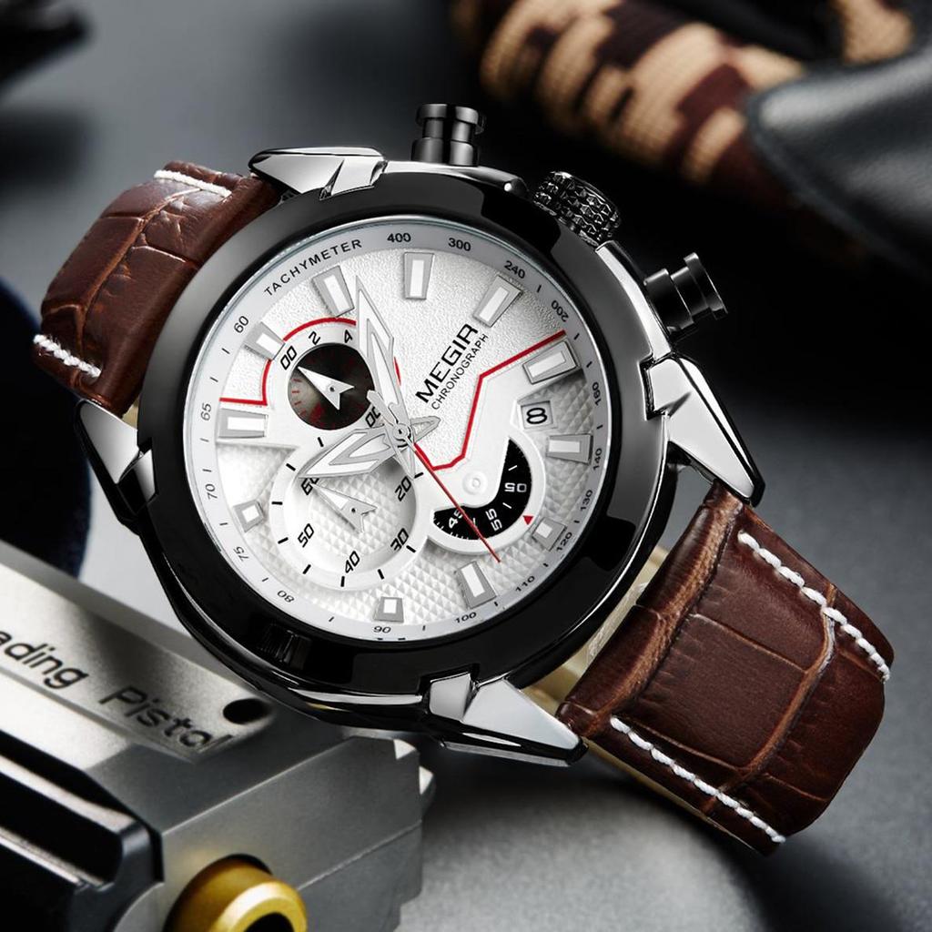 Megir Vojenské sportovní hodinky pánské luxusní kožené vojenské hodinky značky Quartz Hodiny pánské kreativní chronograf