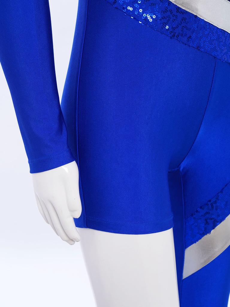 Kids Girls Stage Performance Jumpsuit: Mock Neck Shiny Sequins Color Block Asymmetrical Cut with Back Invisible Zipper