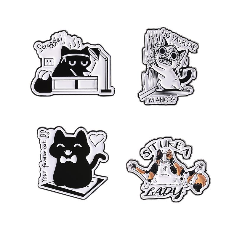 2-8pcs/set Cute Cat Enamel Pins Cartoon Big Eyes Black Kitties with Knife Animal Brooches Lapel Badge Jewelry Gifts For Friends