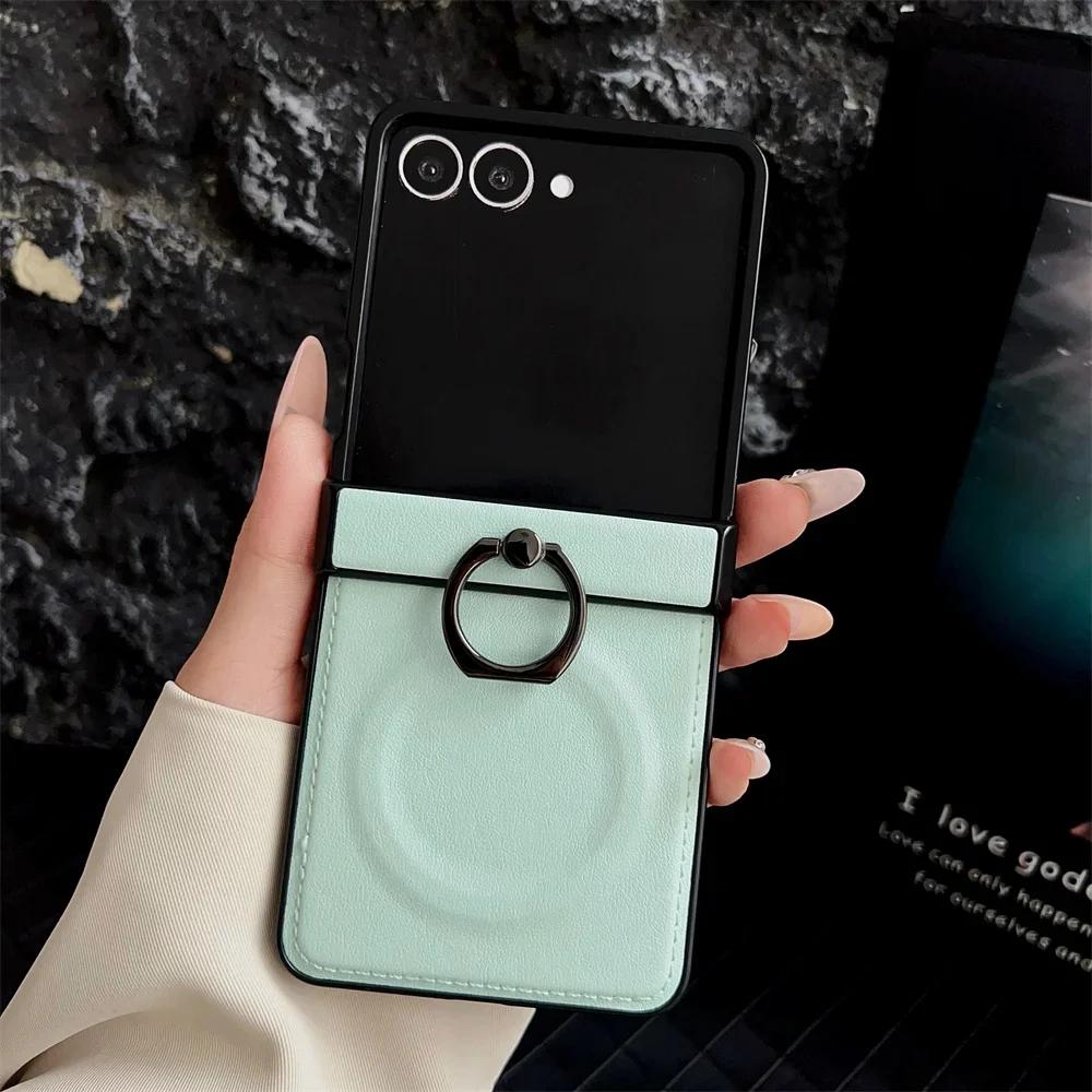

360 Rotating Ring Holder Magnetic Phone Case For Samsung Z Flip 7 6 5 4 3 Flip6 Flip5 Flip4 Flip3 5G PU Leather Back Cover Galaxy Z Flip4 зелёный