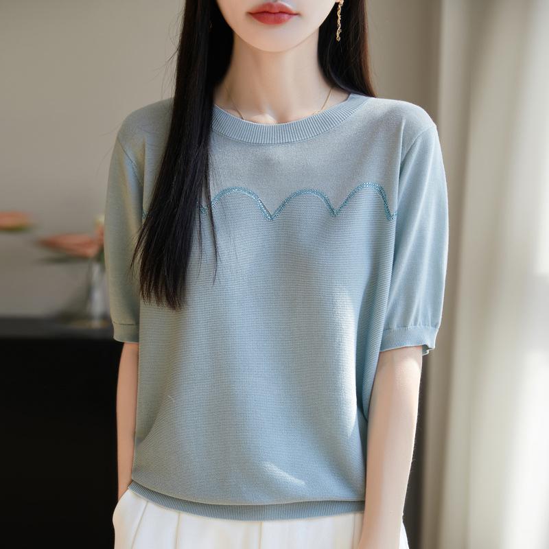 2025 Summer Round Neck Knit Short Sleeve Women's Slimming Casual Top