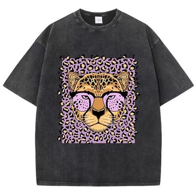 Cheetah Leopard Print Graphic Vintage Washed T-Shirt, Oversized Cotton Tee, Streetwear Summer Tops