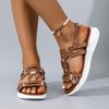Fashion Summer New Round Headed Leather Ladies' Sandals Wedge Casual Beach Shoes Comfortable Footwear with Metal Decoration for Women