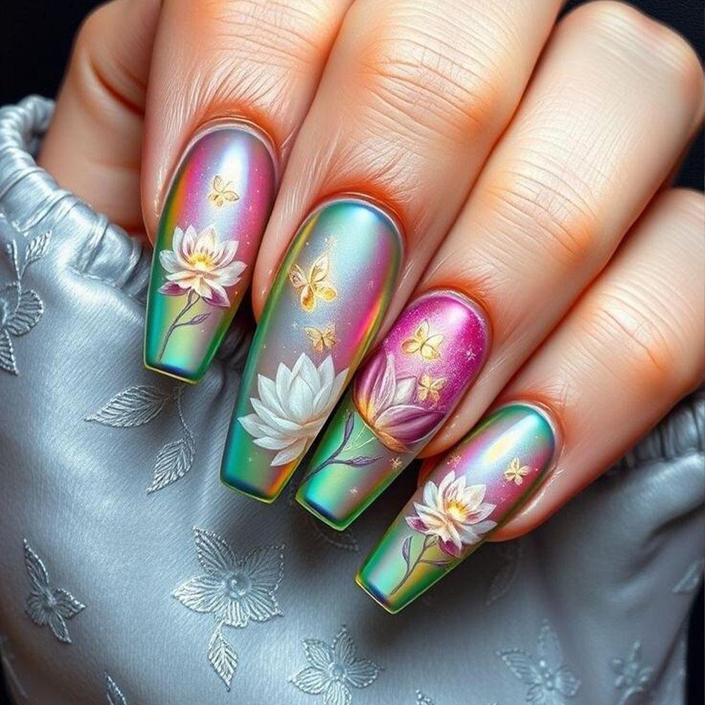 Colorful Ballet-Shaped False Nails with Gradient Lotus Butterfly Stickers for Spring/Summer.