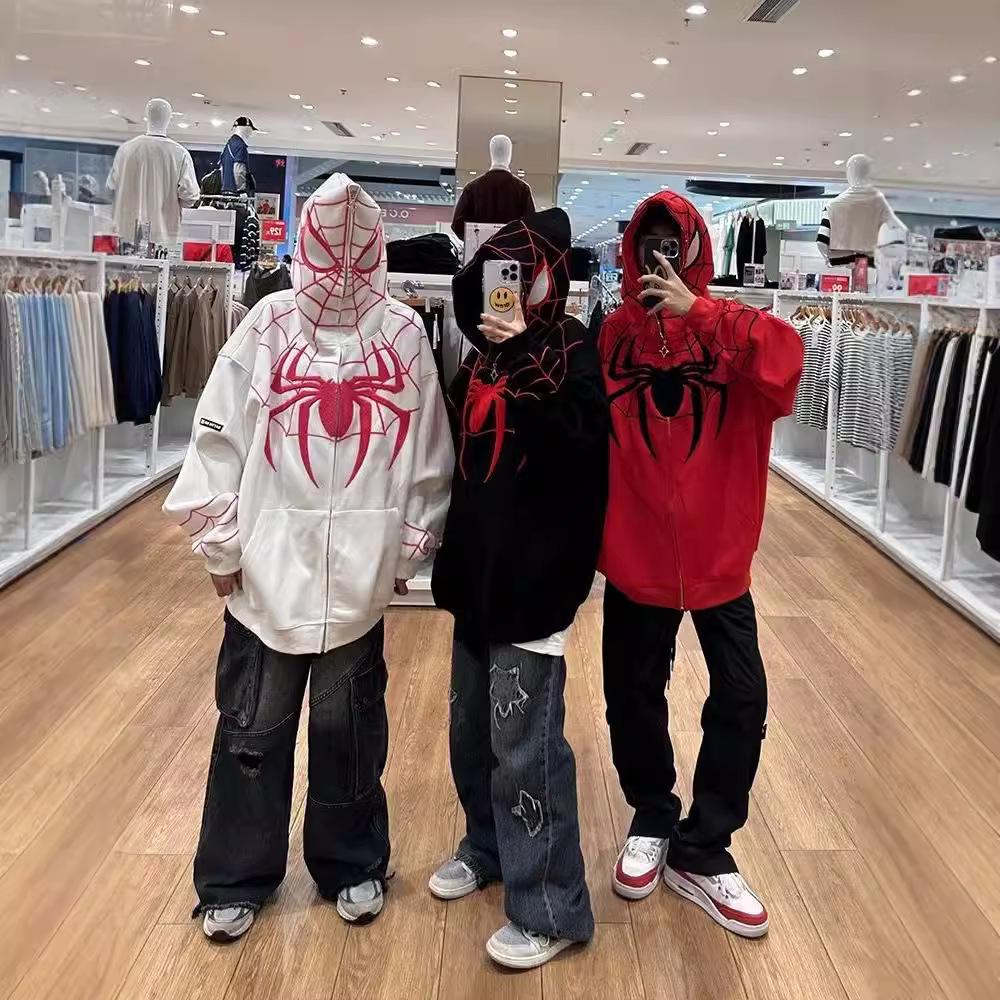 Sweat à capuche rétro tendance pour homme 2024 Spider-Man Chenille - Veste zippée d'automne