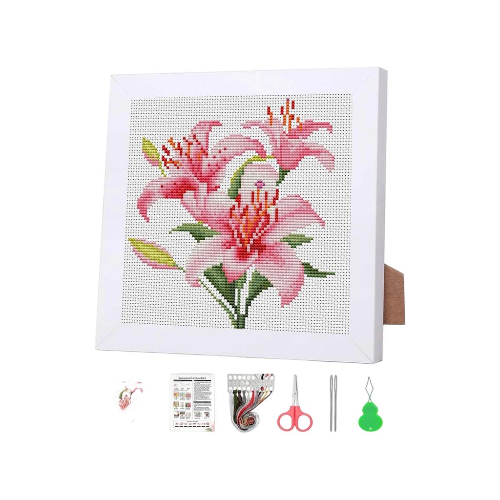 DIY Cross Stitch Kit with Floral Pattern Includes Fabric Needle Thread Scissors and Frame for Home Decoration and Craft Projects