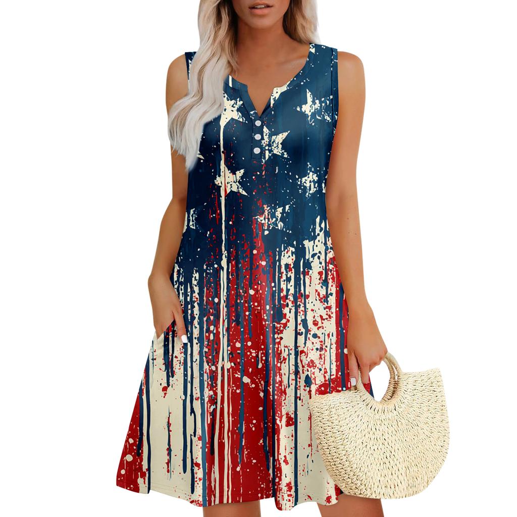 Damen Sommerkleider Lockeres V-Ausschnitt Ärmelloses Sommerkleid Kleid Mit Taschen