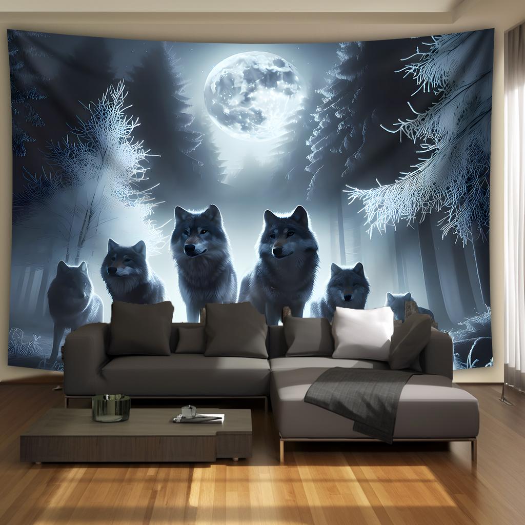 Mondlicht Wolfsrudel Wandteppich, Wölfe im verschneiten Wald mit Vollmond, Wildtier Wandbehang für Heimdekoration